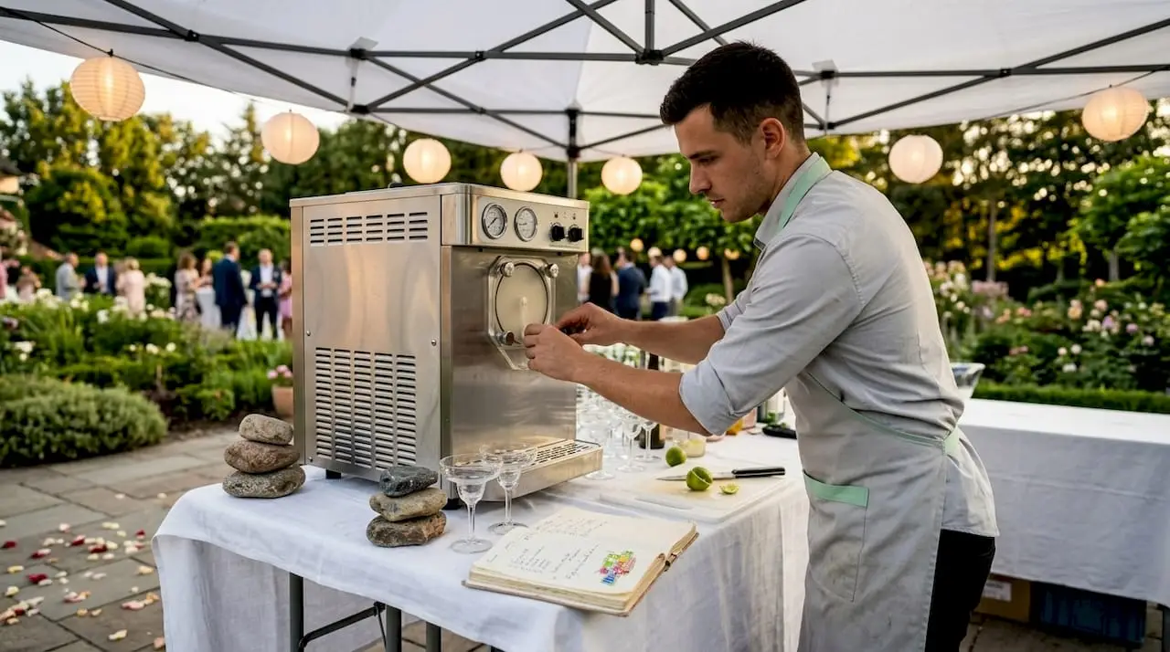 Bartender setting up a margarita machine at a wedding