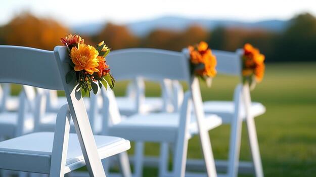 Elegant outdoor ceremony setup with floral decor on white chairs